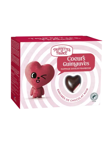 Cœurs guimauves nappés saveur framboise
& enrobés de chocolat noir