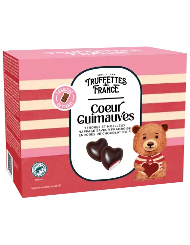 Cœurs guimauves nappés saveur framboise & enrobés de chocolat noir